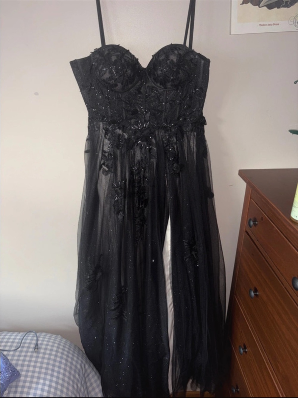 Source Unknown Black Embellished Strapless Tulle Gown